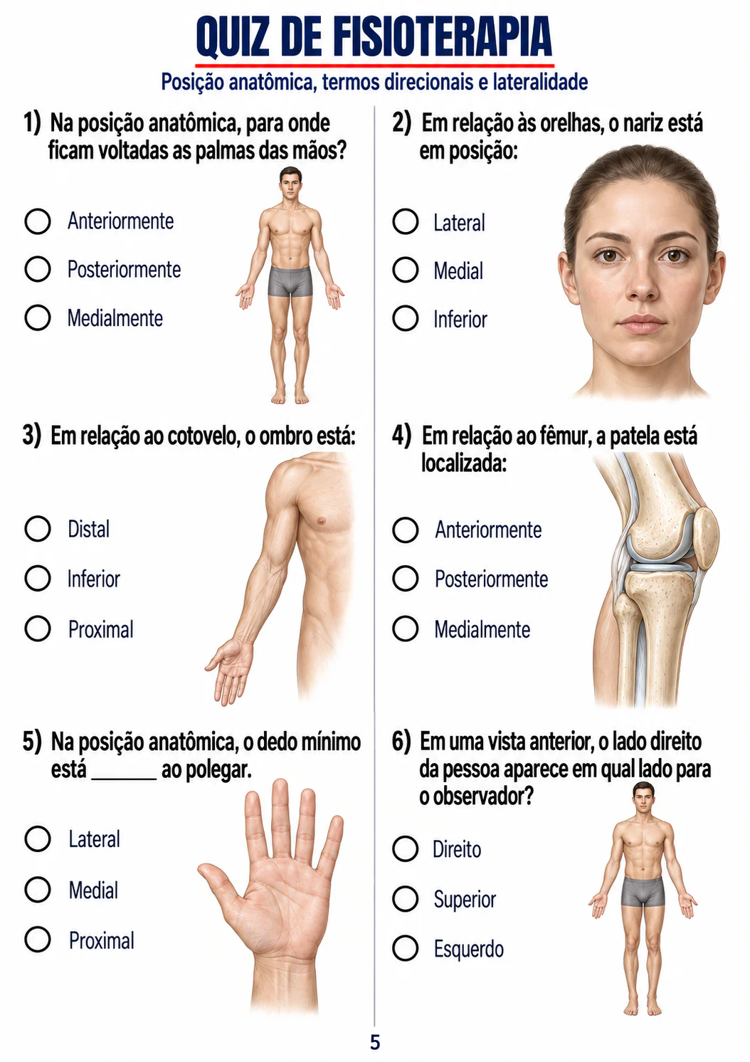 Quiz sobre posição anatômica, termos direcionais e lateralidade